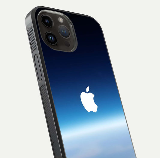 Minimal Apple Sky Glass Case for iPhone 14 Pro Max close-up angled shot showing pastel blue hues and reflection