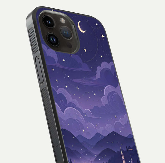 Minimal Night View Glass Case for iPhone 14 Pro Max close-up angled shot showing lights reflection and dark tone details
