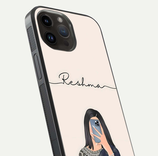 Mirror Mood Muse Custom Name Glass Case for iPhone 14 Pro Max close-up angled shot highlighting gloss and mirror depth