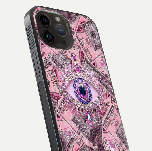 Money Eye Luxe Glass Case for iPhone 14 Pro Max close-up angled shot showing gold detailing and reflection shine