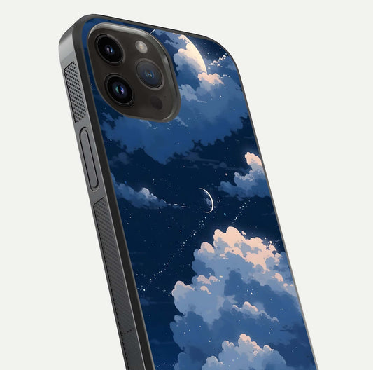 Moon Dream Haze Glass Case for iPhone 14 Pro Max close-up angled shot showing moon reflection and subtle glow