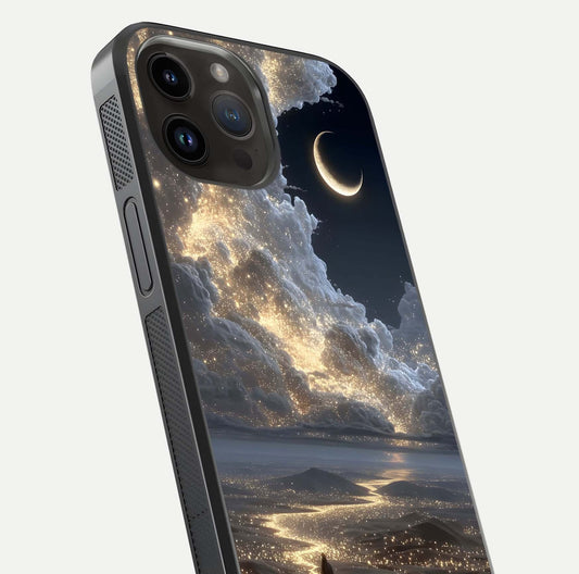 Moonlight Spark Path Glass Case for iPhone 14 Pro Max close-up angled shot showing glowing stars and reflection