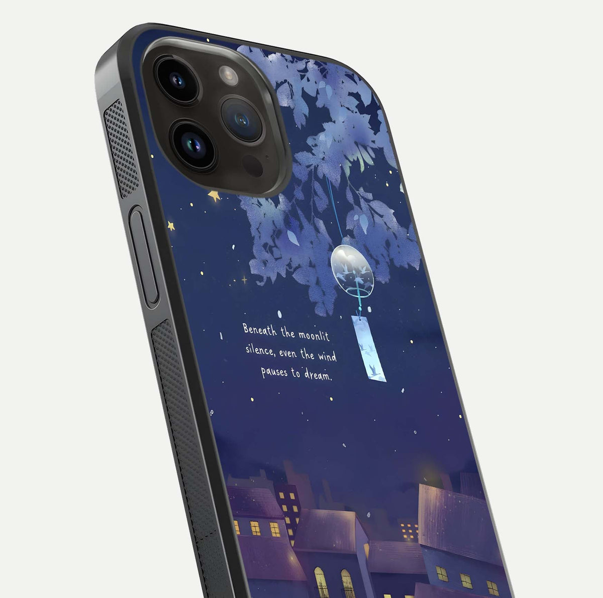 Moonlit Cat Silence Glass Case for iPhone 14 Pro Max close-up angled shot showing soft glow and reflection texture