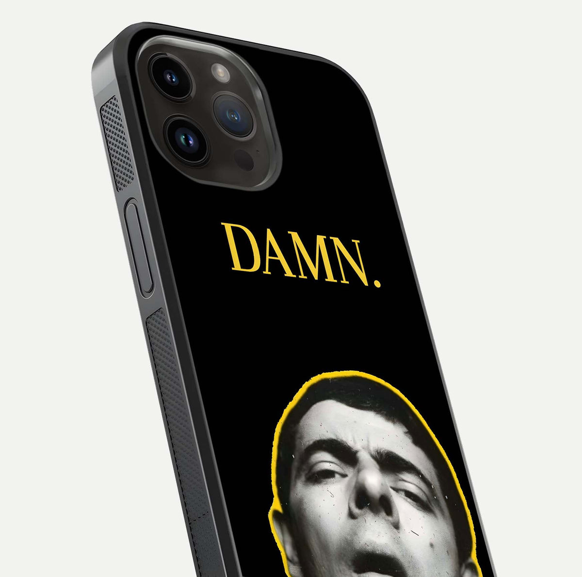 Mr Bean Damn Glass Case for iPhone 14 Pro Max close-up angled shot highlighting comic expression and shine detail