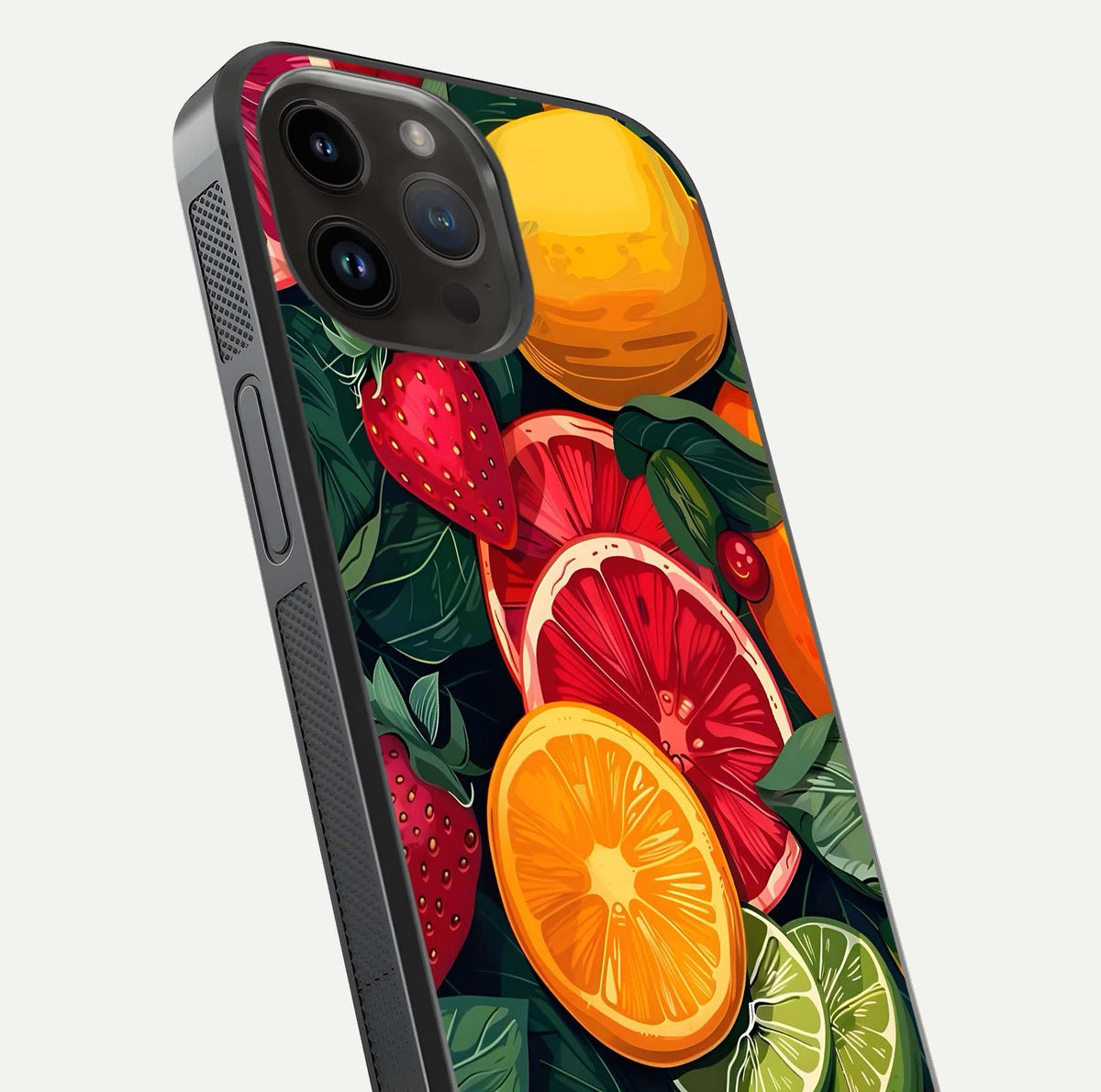 Multiple Fruits Glass Case for iPhone 14 Pro Max close-up angled shot showing fruit texture and HD gloss shine