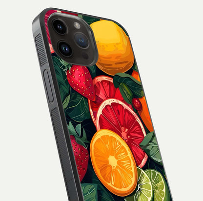 Multiple Fruits Glass Case for iPhone 14 Pro Max close-up angled shot showing fruit texture and HD gloss shine