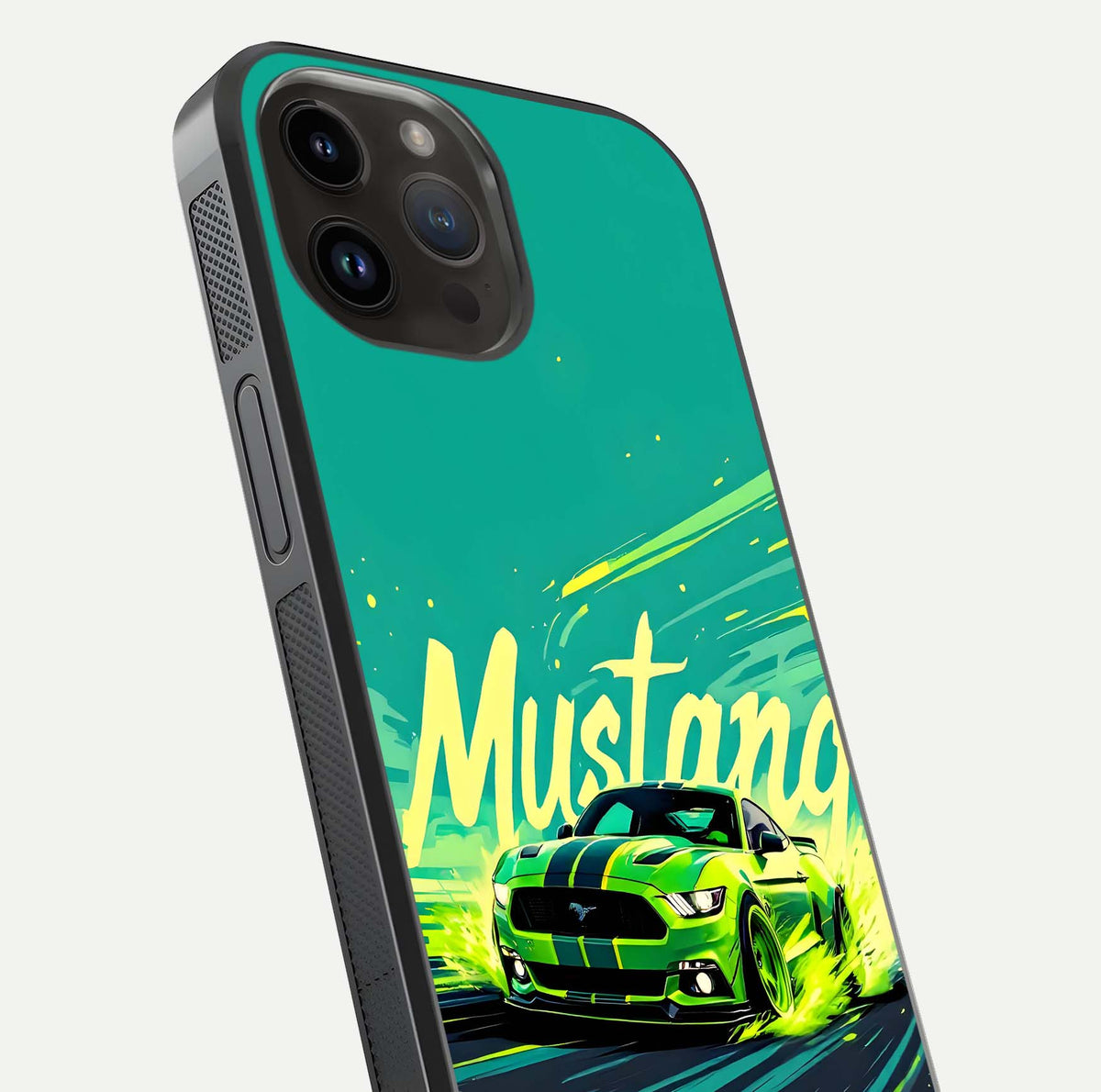 Mustang Bang Glass Case for iPhone 14 Pro Max close-up angled shot showing car emblem and HD reflection