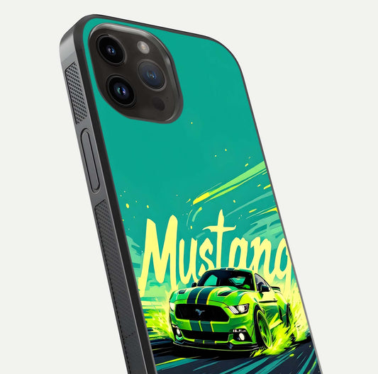 Mustang Bang Glass Case for iPhone 14 Pro Max close-up angled shot showing car emblem and HD reflection