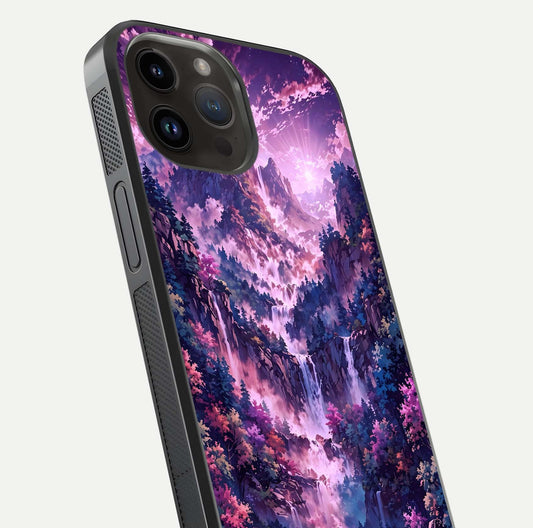 Mystic Cascade Peaks Glass Case for iPhone 14 Pro Max close-up angled shot showing peak reflections and color gradient