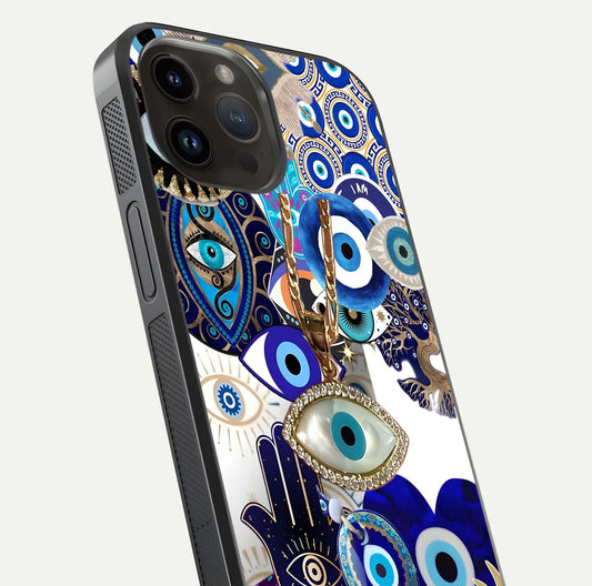Mystic Charm Eye Glass Case for iPhone 14 Pro Max close-up angled shot showing detailed eye art and reflection