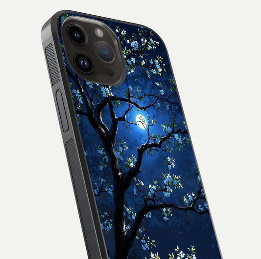 Mystic Floral Night Glass Case for iPhone 14 Pro Max close-up angled shot highlighting petal detail and HD reflection