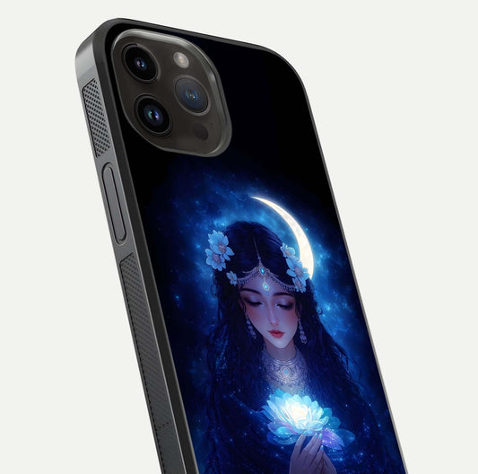 Mystic Moon Queen Glass Case for iPhone 14 Pro Max close-up angled shot showing shine and lunar tones