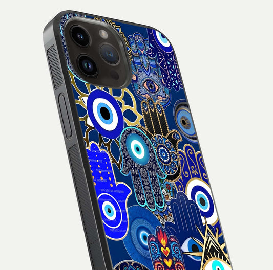 Mystic Palm Guard Glass Case for iPhone 14 Pro Max close-up angled shot showing eye symbol and fine texture