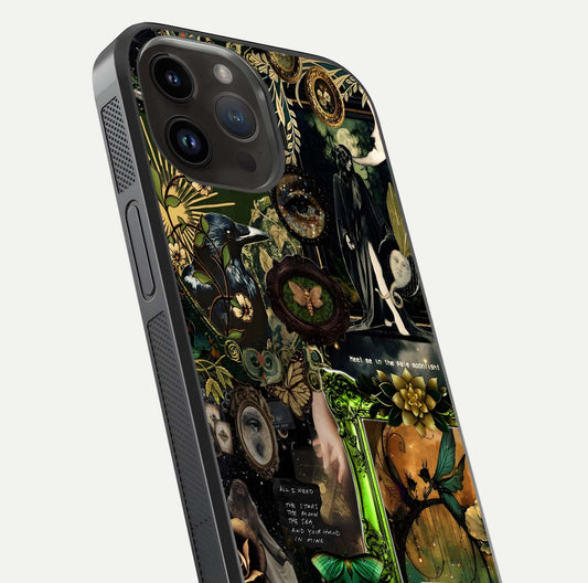 Mystic Woods Secret Glass Case for iPhone 14 Pro Max close-up angled shot highlighting tree texture and reflection