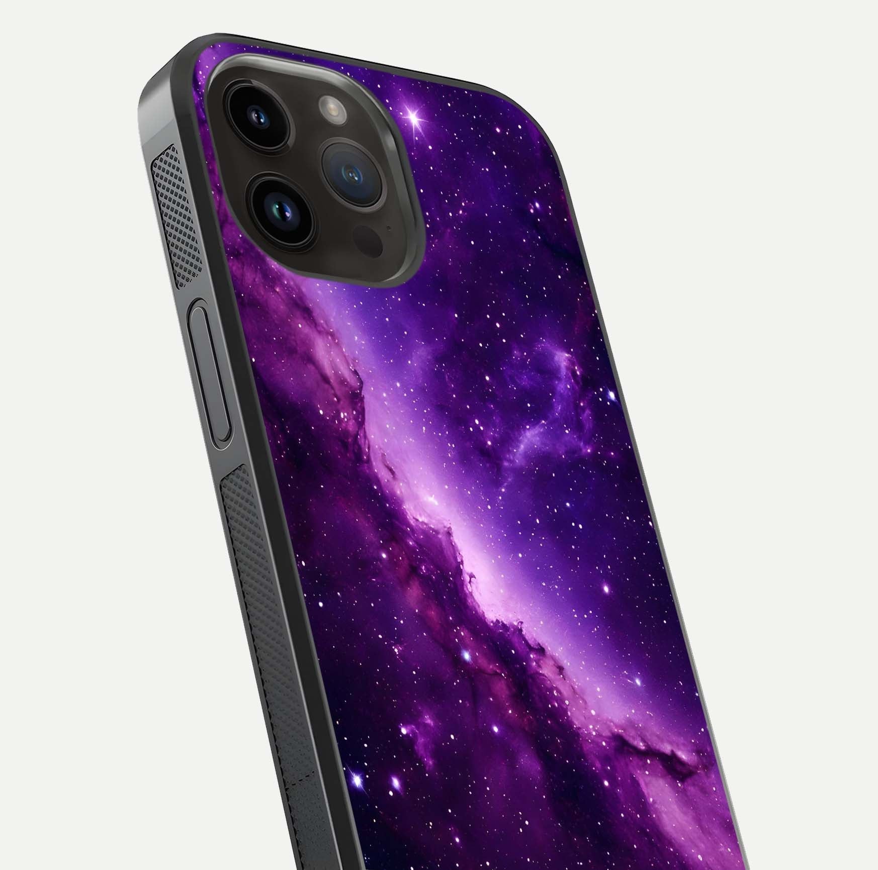Purple Shade Sky Glass Case for iPhone 14 Pro Max close-up angled shot highlighting color gradient and reflection