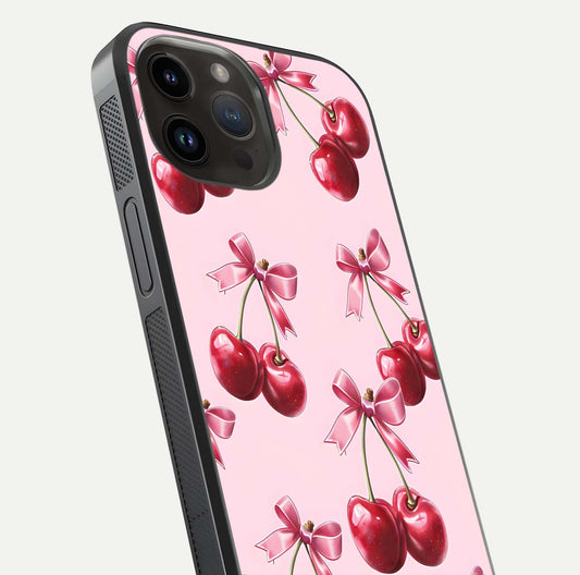 Red Cherries Pattern Glass Case for iPhone 14 Pro Max close-up angled shot showing cherry details and HD reflection