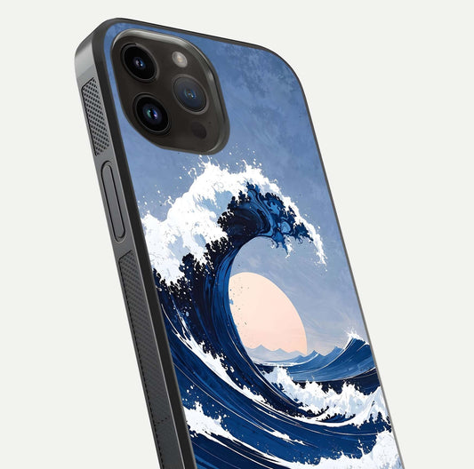 Rising Tide Power Glass Case for iPhone 14 Pro Max close-up angled shot highlighting water motion and reflection