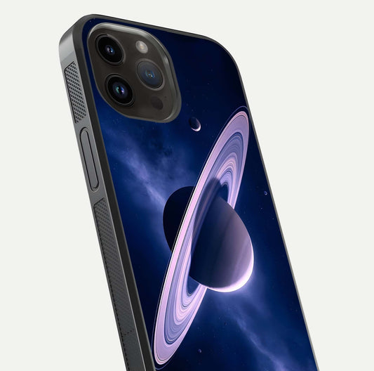 Saturn Ring Mystique Glass Case for iPhone 14 Pro Max close-up angled shot highlighting ring detail and HD reflection