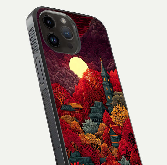 Scarlet Autumn Temple Glass Case for iPhone 14 Pro Max close-up angled shot highlighting golden leaves and reflection