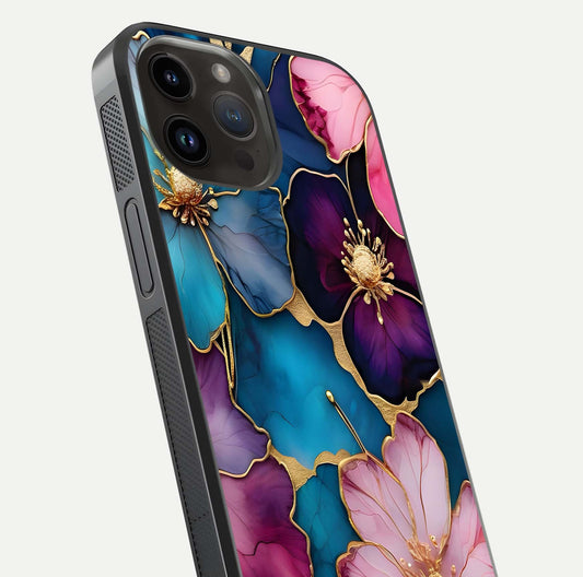 Sparkle Floral Glass Case for iPhone 14 Pro Max close-up angled shot highlighting shimmer details and reflection