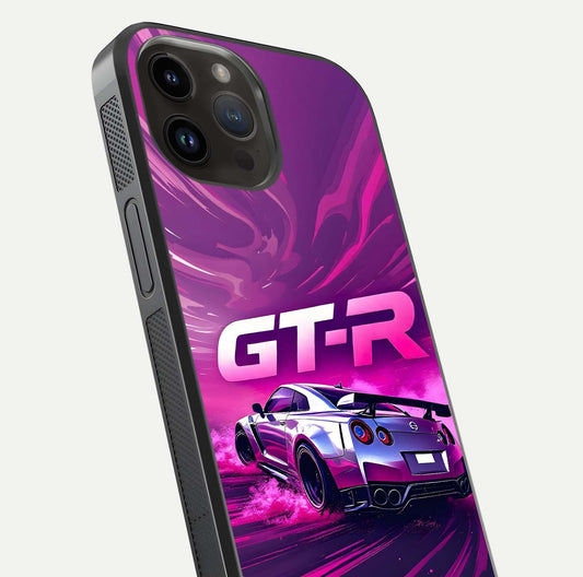 Speed Drift Legend Glass Case for iPhone 14 Pro Max close-up angled shot highlighting speed lines and reflection