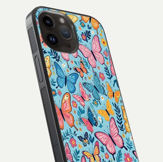 Spring Wing Garden Glass Case for iPhone 14 Pro Max close-up angled shot highlighting petal details and reflection