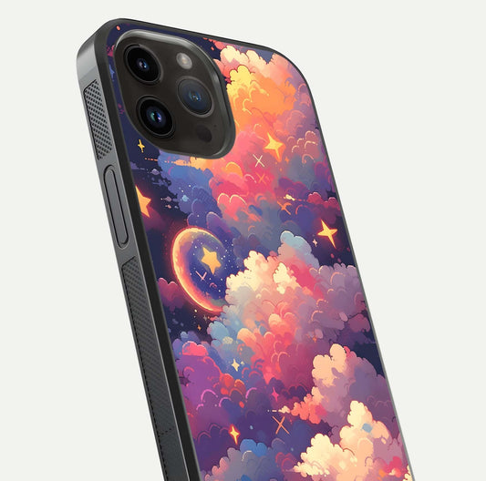 Starlit Dream Clouds Glass Case for iPhone 14 Pro Max close-up angled shot highlighting cloud texture and reflection