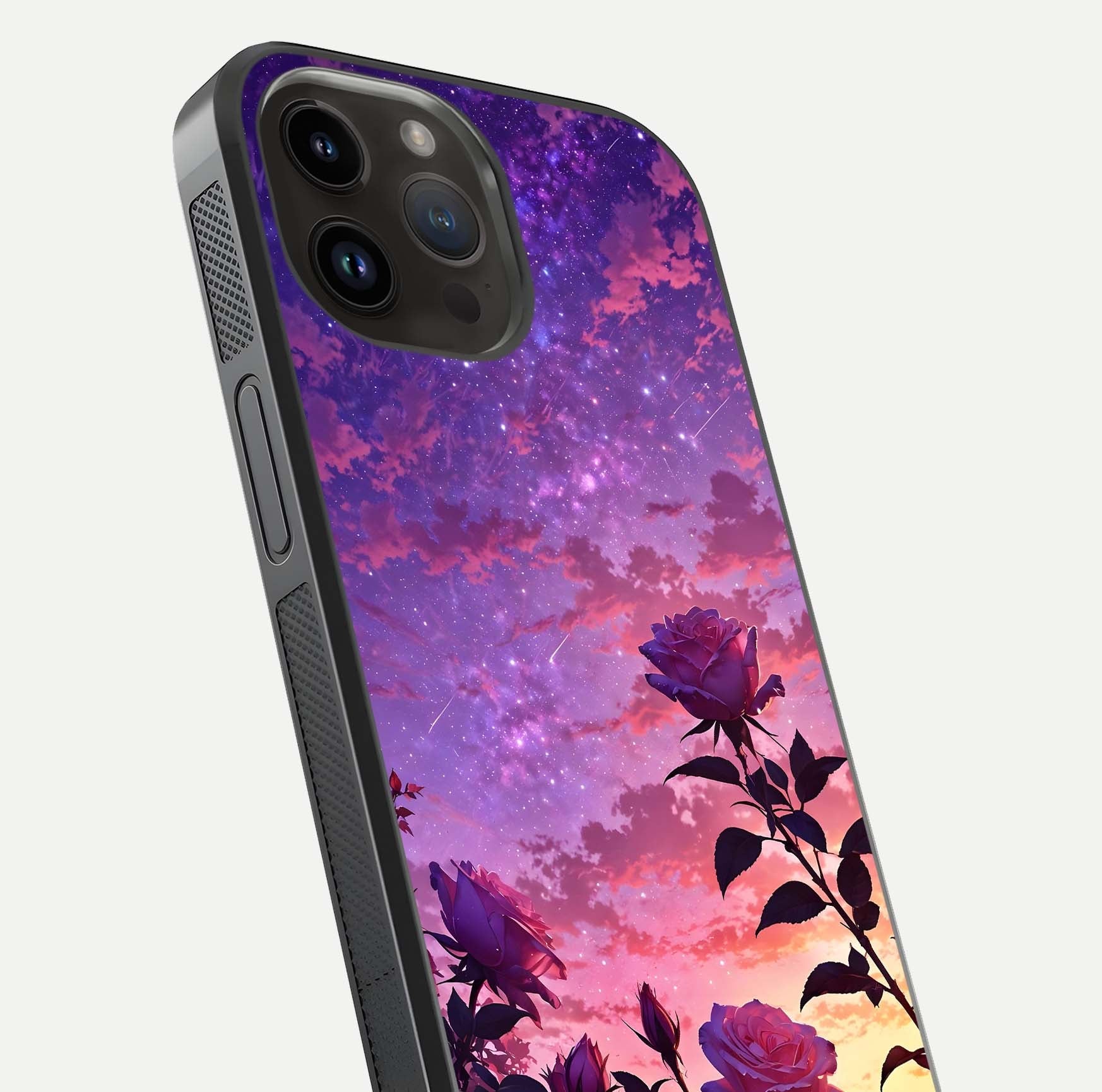 Starlit Rose Twilight Glass Case for iPhone 14 Pro Max close-up angled shot highlighting rose detail and reflection