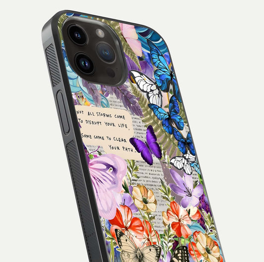Storm Path Bloom Glass Case for iPhone 14 Pro Max close-up angled shot highlighting bloom texture and reflection