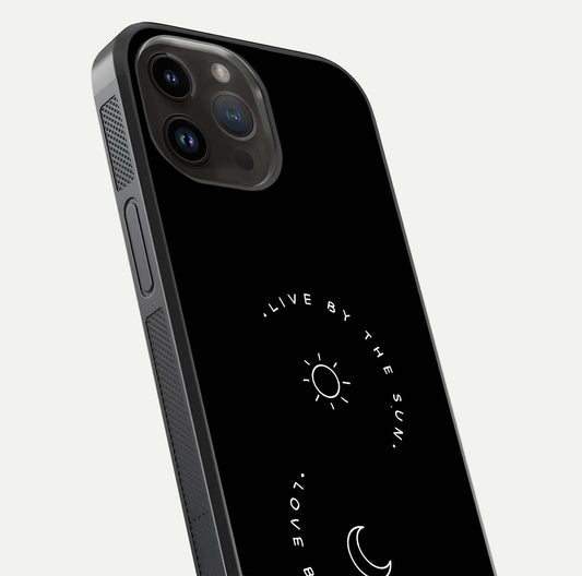 Sun Moon Balance Glass Case for iPhone 14 Pro Max close-up angled shot highlighting cosmic art and HD reflection