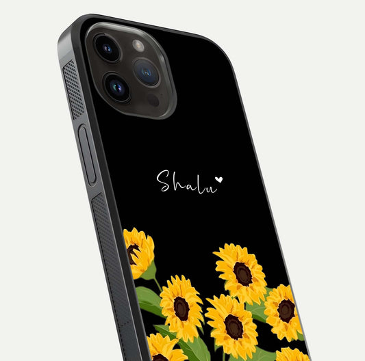 Sunflower Chic Mood Custom Name Glass Case for iPhone 14 Pro Max close-up angled shot showing HD sunflower pattern