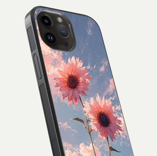 Sunlit Daisy Glow Glass Case for iPhone 14 Pro Max close-up angled shot highlighting petal texture and reflection