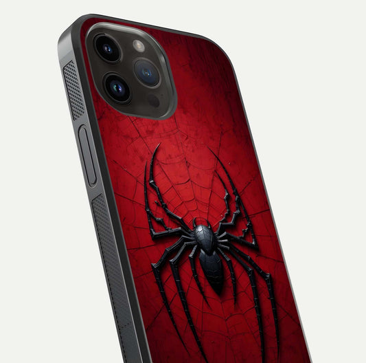 Venom Web Emblem Glass Case for iPhone 14 Pro Max close-up angled shot highlighting sharp logo lines and reflection
