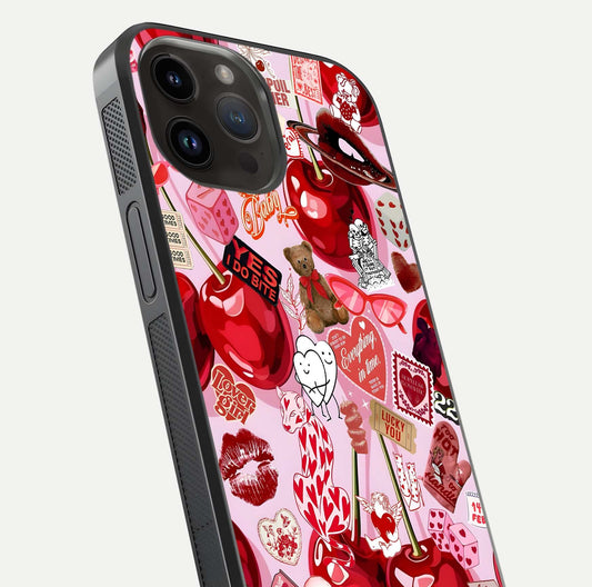 Sweet Cherry Chaos Glass Case for iPhone 14 Pro Max close-up angled shot highlighting red tone contrast and reflection