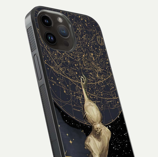 Taylor Swift Girl Glass Case for iPhone 14 Pro Max close-up angled shot highlighting texture and HD reflection