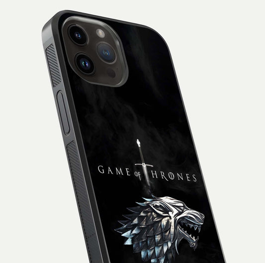 Throne Wolf Legacy Glass Case for iPhone 14 Pro Max close-up angled shot highlighting fur texture and reflection