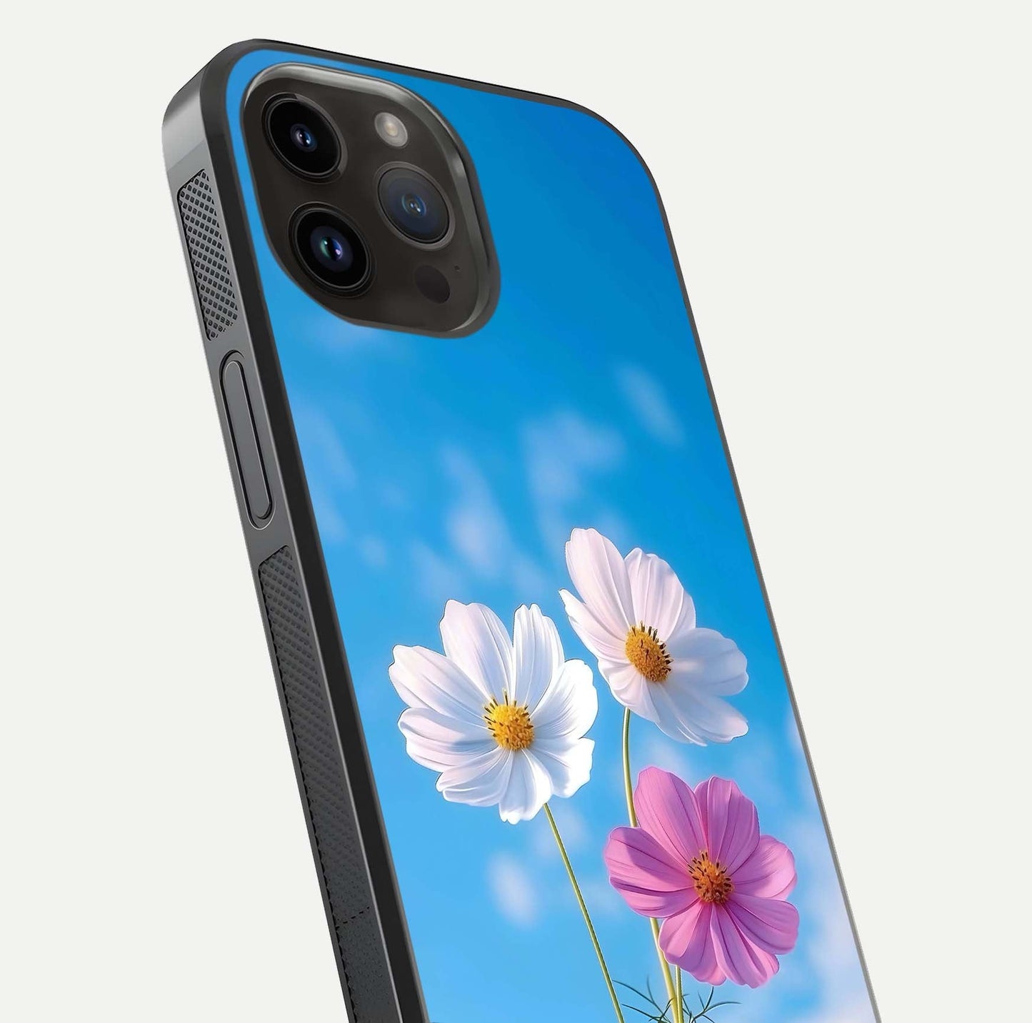 Triple Flowers With Sky Glass Case for iPhone 14 Pro Max close-up angled shot highlighting petal and reflection details