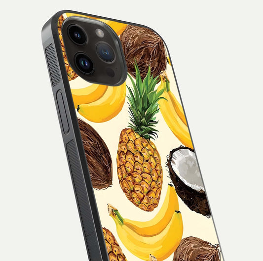 Tropical Fruit Mood Glass Case for iPhone 14 Pro Max close-up angled shot highlighting fruit texture and reflection