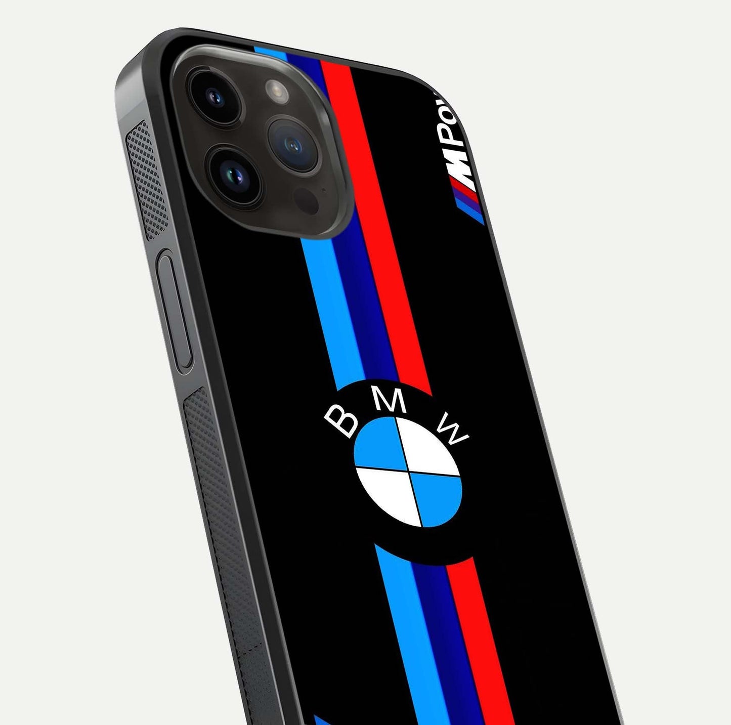 Turbo BMW Beast Glass Case for iPhone 14 Pro Max close-up angled shot highlighting car detailing and reflection