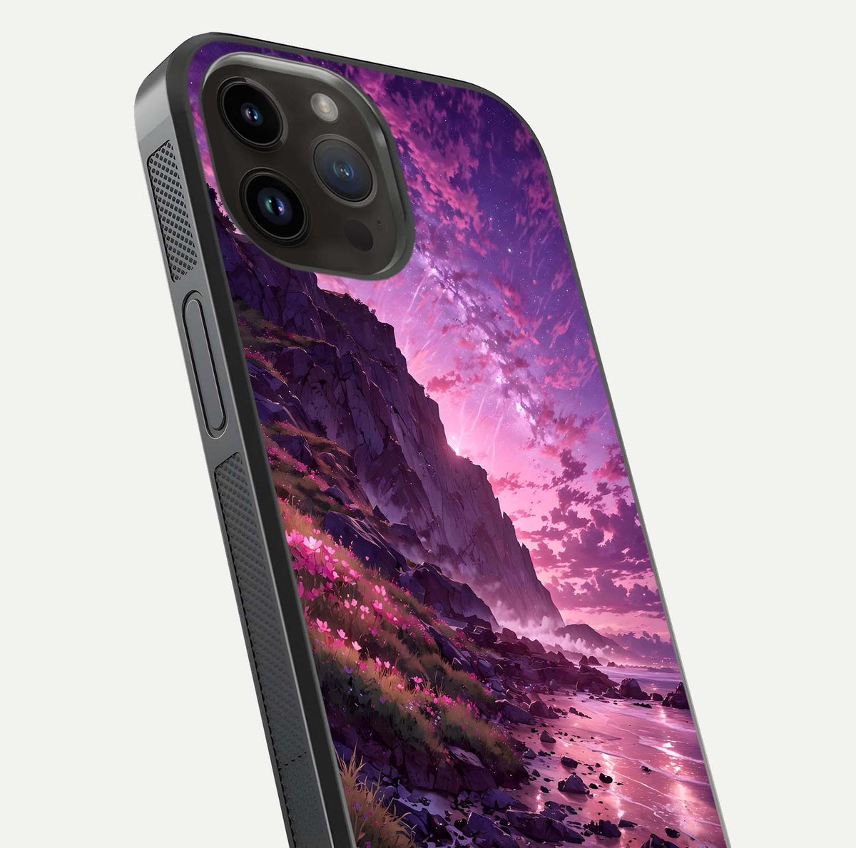 Twilight Blossom Coast Glass Case for iPhone 14 Pro Max close-up angled shot highlighting gradient sky and reflection