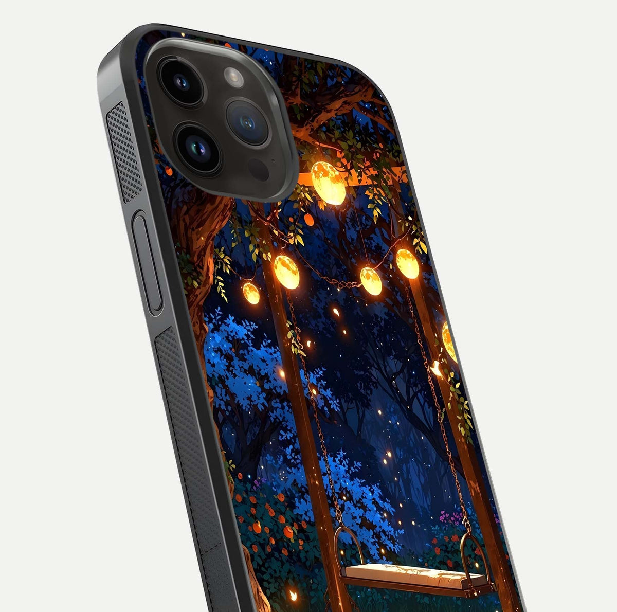 Twilight Garden Swing Glass Case for iPhone 14 Pro Max close-up angled shot highlighting floral tones and reflection