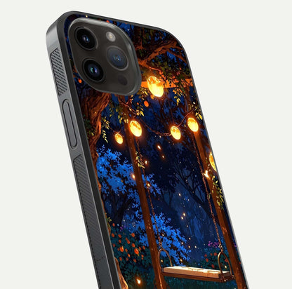 Twilight Garden Swing Glass Case for iPhone 14 Pro Max close-up angled shot highlighting floral tones and reflection