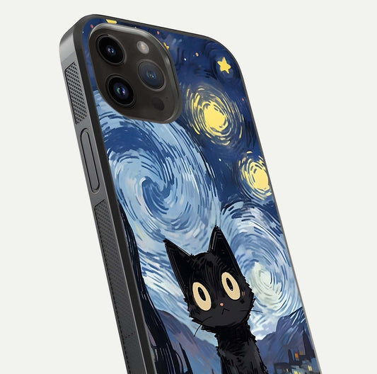 Van Gogh Cat Glass Case for iPhone 14 Pro Max close-up angled shot highlighting brushstroke texture and reflection