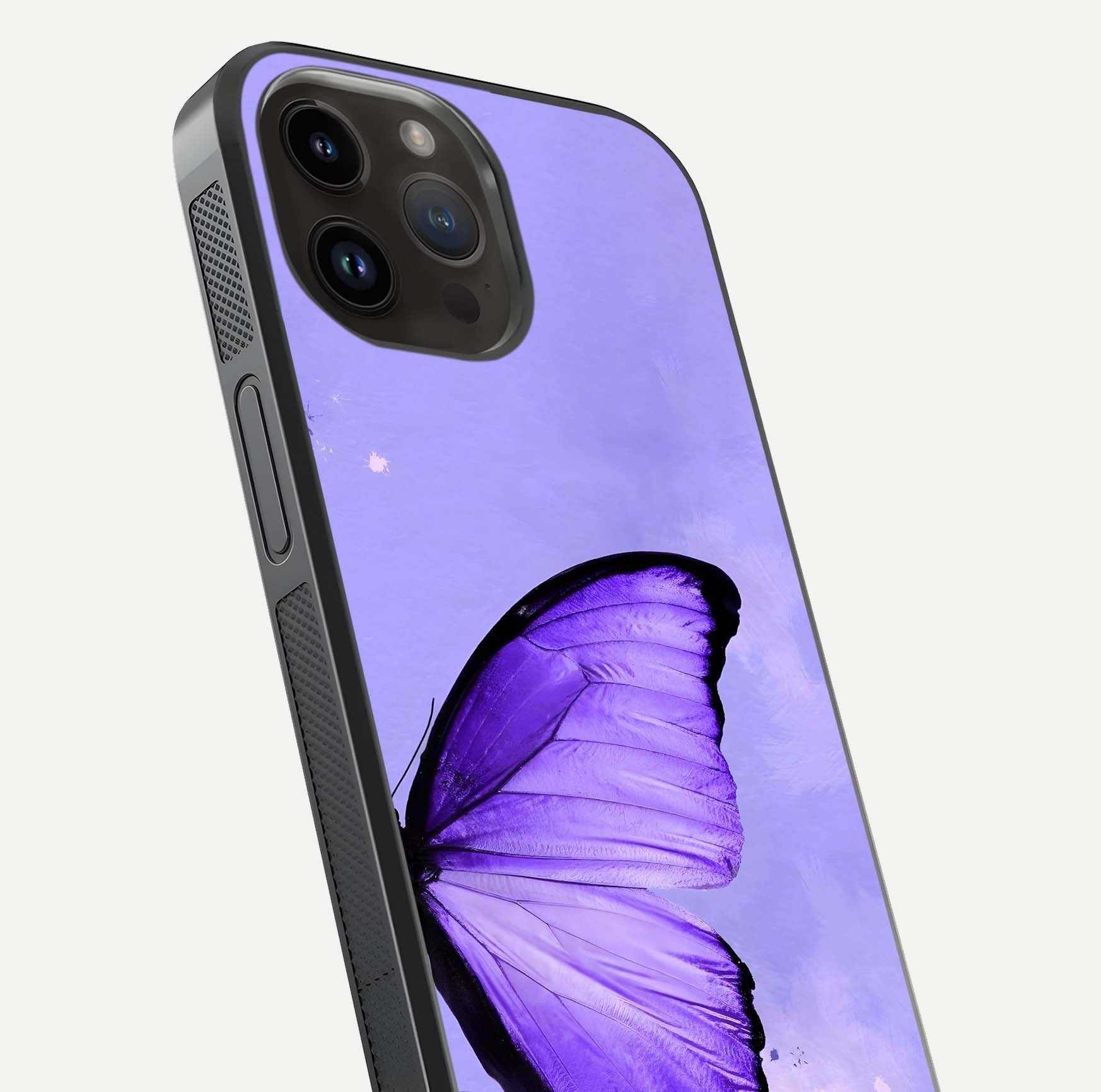 Violet Dream Wing Glass Case for iPhone 16 Pro close-up angled shot highlighting wing texture and reflection