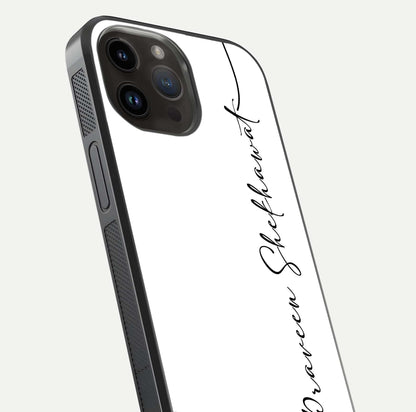 White Tune Custom Name Glass Case for iPhone 14 Pro Max close-up angled shot highlighting gloss reflection and texture