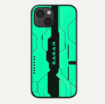 Aqua Tech CYBERPUNK Custom Name Glass Case For iPhone 15 by Custom World