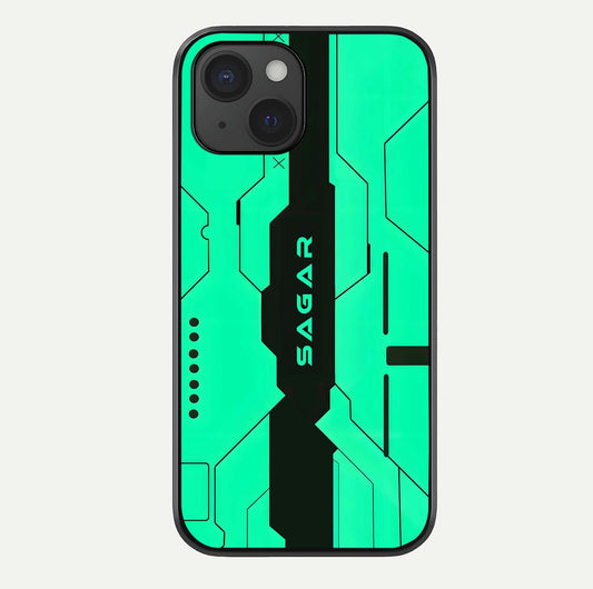 Aqua Tech CYBERPUNK Custom Name Glass Case For iPhone 15 by Custom World