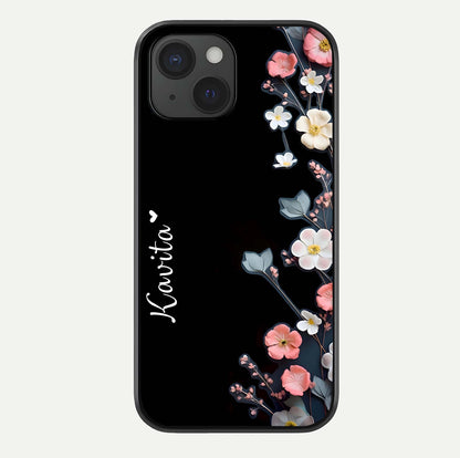 Black Elegance Floral Custom Name Glass Case For iPhone 15 by Custom World