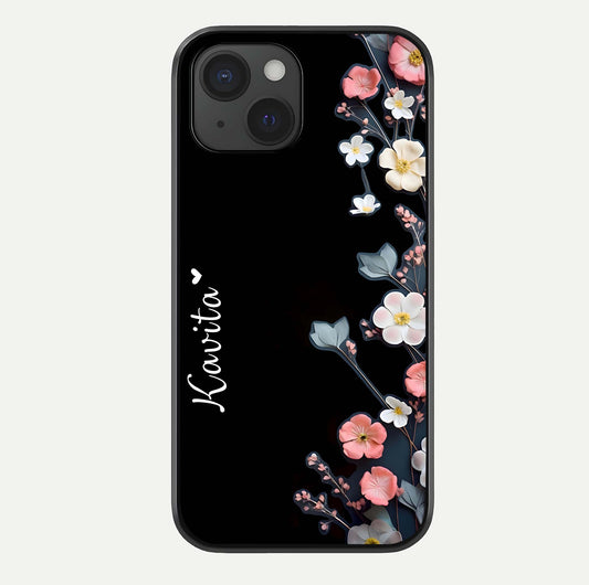 Black Elegance Floral Custom Name Glass Case For iPhone 15 by Custom World
