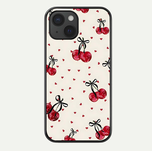 Cherry Heart Bow Glass Case For iPhone 15 by Custom World